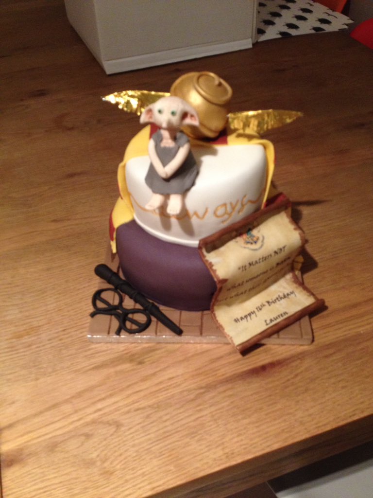 cake_gem's tweet image. Harry Potter themed 16th Birthday cake featuring all handmade decorations, glasses, wand, scroll, golden globe with wings &amp;amp; dobby elf