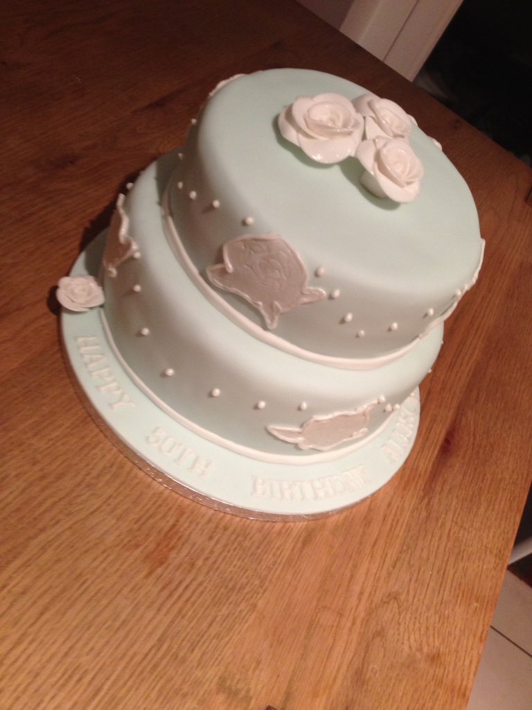 cake_gem's tweet image. Beautifully elegant 50th birthday cake featuring white roses, imprinted roses on sides with iced outline, pearls, glitter &amp;amp; shimmer