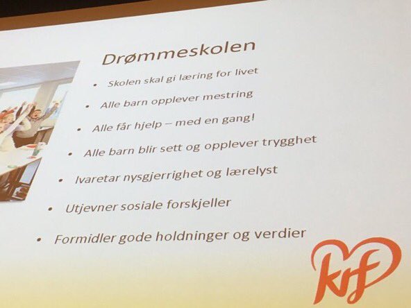 SigmundVefring's tweet photo. Skule er satsingsområde for KrF. #krflk Vi har levert, og lovar å levere vidare: tidleg innsats, lærarnorm, alle skal bli sett og god læring https://t.co/7xKti53AtF