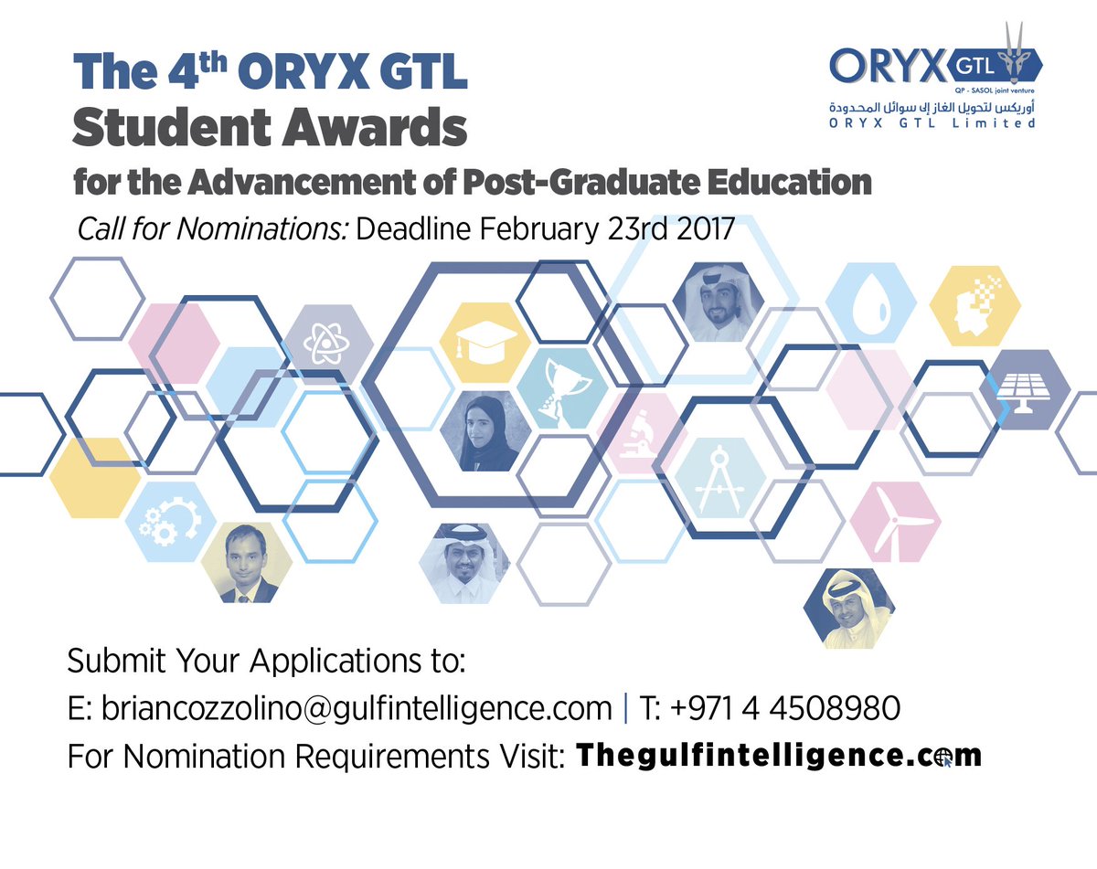 gulf_intel's tweet photo. Call for nominations for The 4th @oryxgtl #studentawards is now live! For Criteria &amp; Requirements click here https://t.co/JbYW5cznpz #Qatar https://t.co/VFileMZQWz