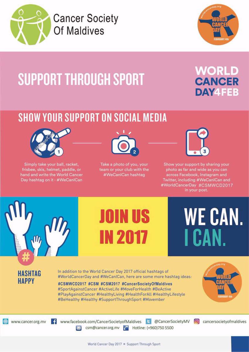 CancerSocietyMV's tweet photo. #CSMWCD2017 support the worldwide #WorldCancerDay social media campaign #SupportThroughSport.Use #WeCanICan message on your sport gear &amp;post https://t.co/xdegzuZNJA