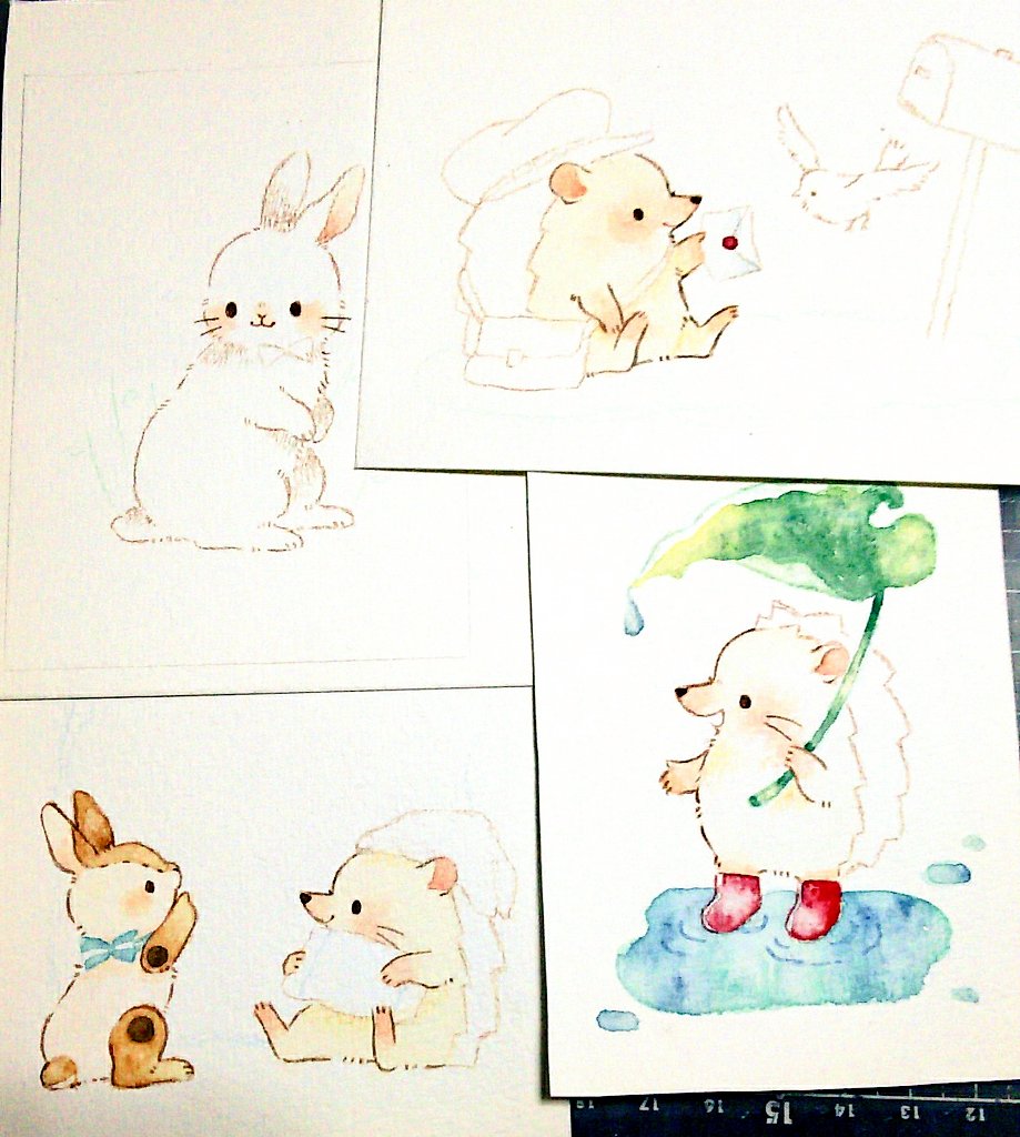 ハリネズミとうさぎの原画を着色中です😌💫 