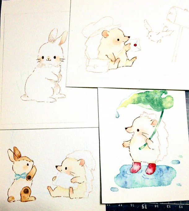 ハリネズミとうさぎの原画を着色中です😌💫 