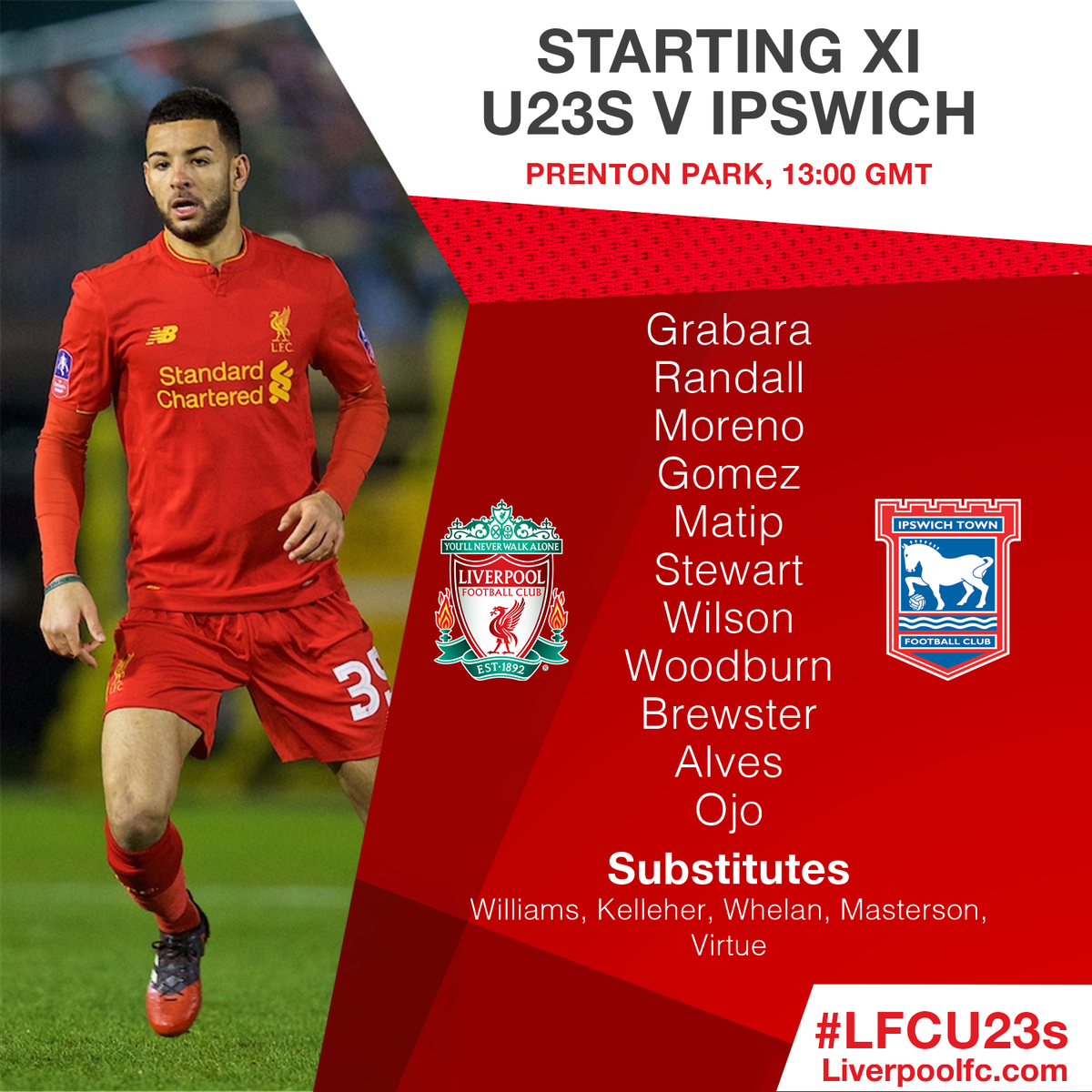 LFC's tweet image. 📋 Today's #LFCU23s team to face @Official_ITFC