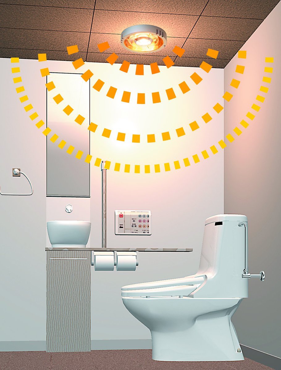 冬のトイレは寒～い。
冬場のトイレや脱衣所などに設置。照明をつけるだけでホカホカと温かい光が降り注ぎあっという間に暖かな空間に！
ポカピカ吊り下げ型ライト暖熱器！！