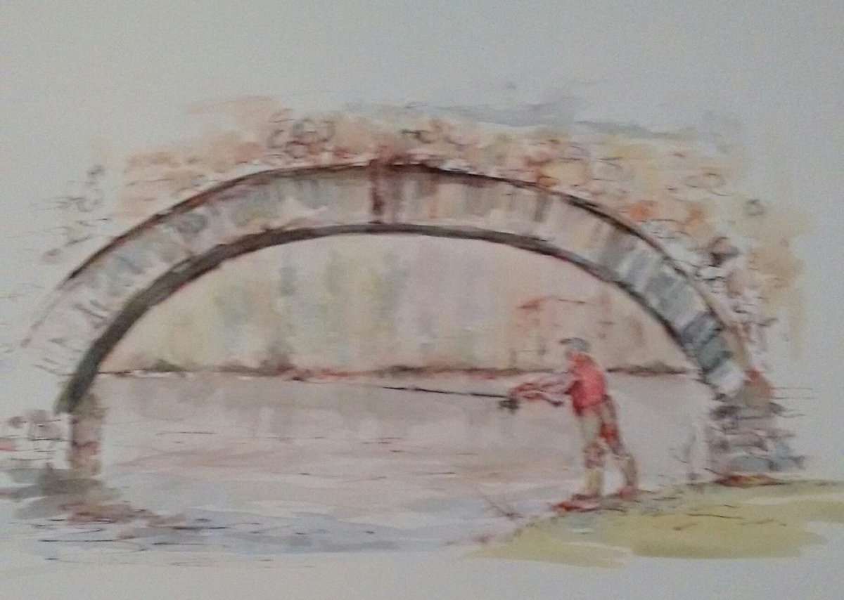Fishing under the stone bridge -  not for me, far too cold! Pen and wash sketch #sketchjanuary