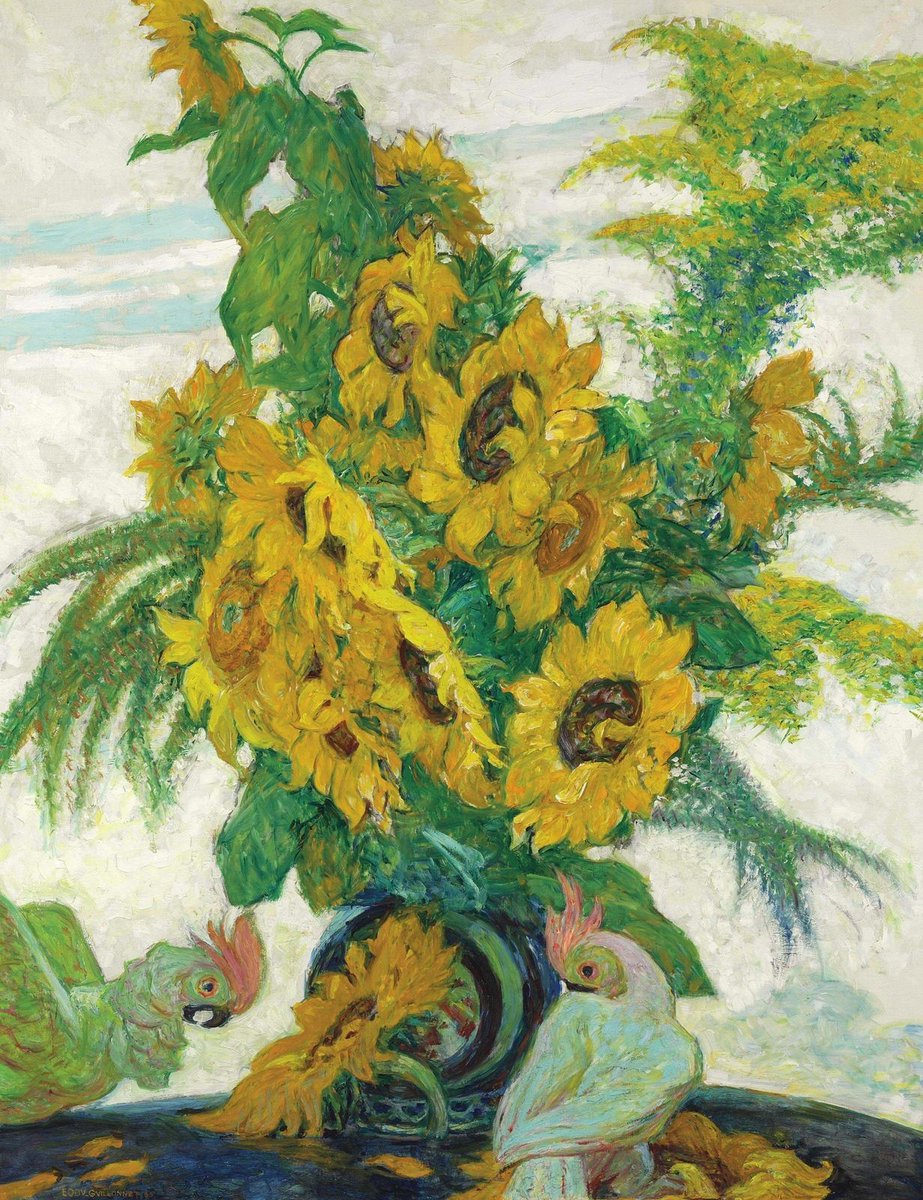 MenschOhneMusil's tweet photo. Emile-Octave #Guillonnet - Still Life with Sunflowers on a Table with Parrots. https://t.co/dct88dFveK