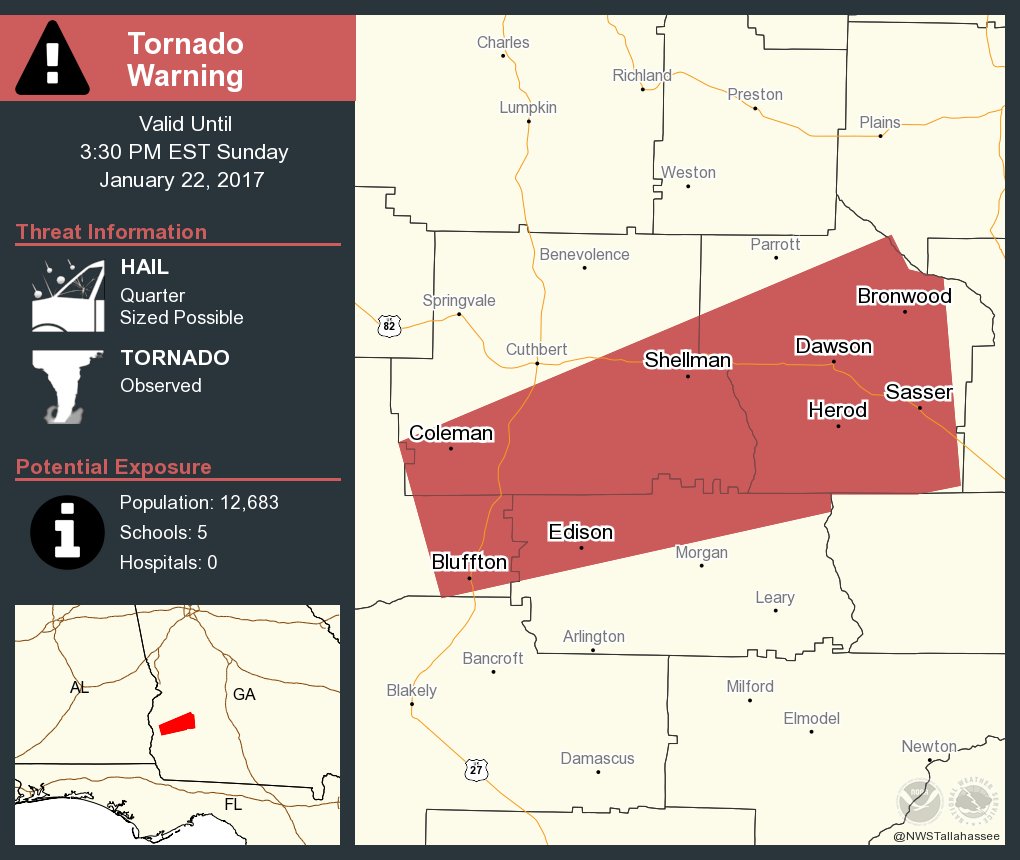 NWSTallahassee's tweet photo. ⚠️ Take Cover! Tornado Warning including Dawson GA, Edison GA, Shellman GA until 3:30 PM EST https://t.co/WblkDlMbFS