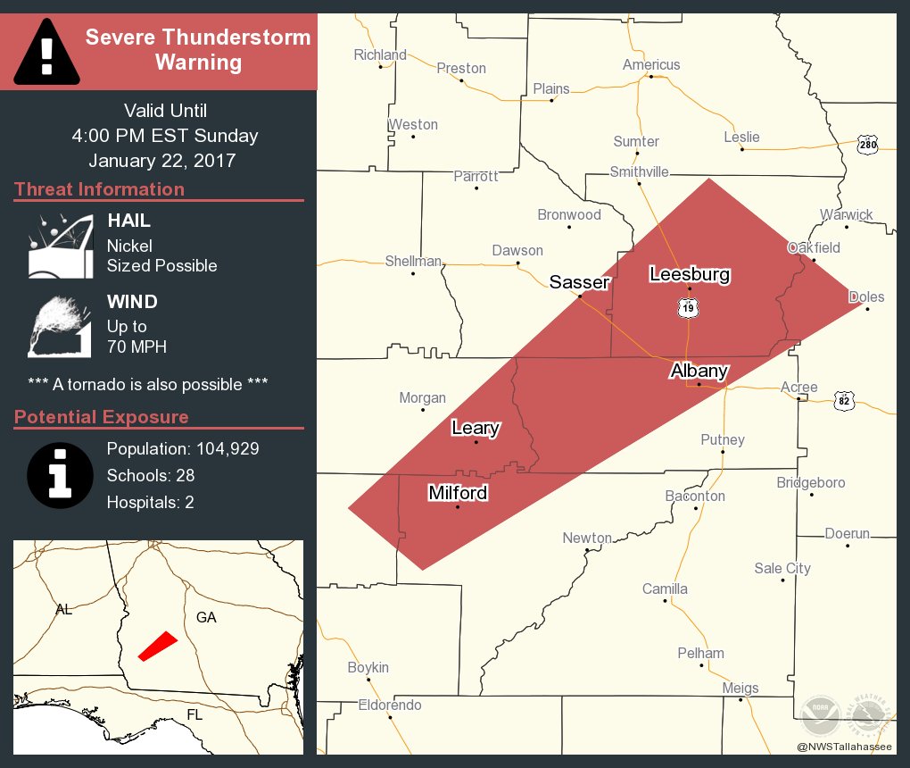 ⚠️ Take Cover! Severe Thunderstorm Warning including Albany GA, Leesburg GA, Leary GA until 4:00 PM EST