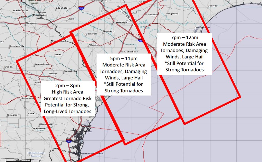 Current arrival time windows for this evening's round of severe weather. #SCwx #GAwx