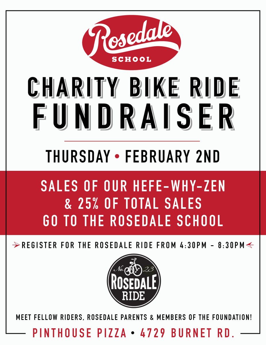 PinthouseLamar's tweet photo. Join us on Feb. 2nd, for our Rosedale School #Charity Bike Ride Fundraiser! SALES of our #HefeWhyZen & 25% of TOTAL SALES go to this org.! https://t.co/x8xZoxT9Nx