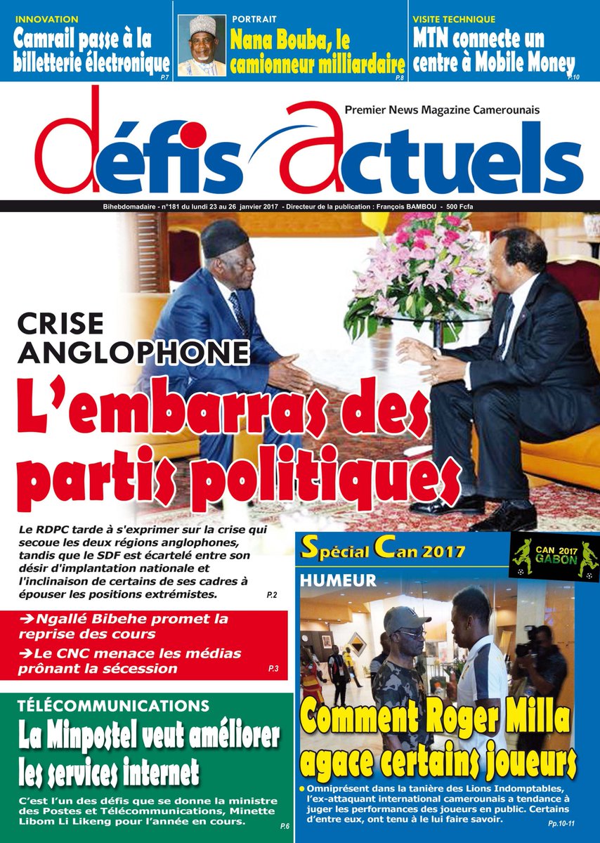 defis_actuels's tweet photo. La Une du bihebdomadaire Défis Actuels du 23 au 26 janvier 2017. https://t.co/gY4i0pvJie