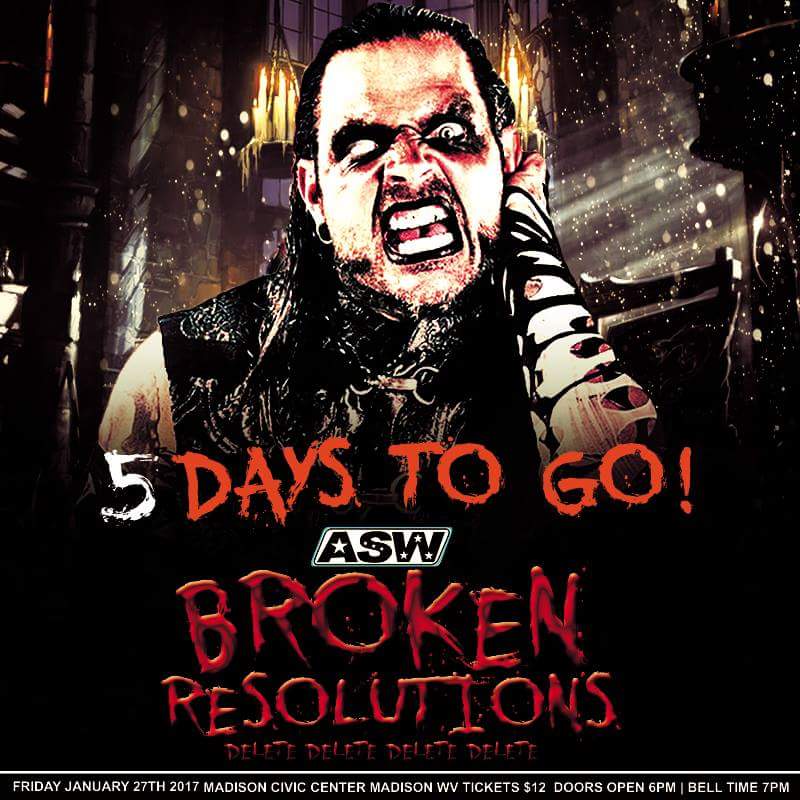 aswwrestling's tweet photo. 5 days to go until ASW #BROKENRESOLUTION at The Madison Civic Center in Madison WV featuring @MATTHARDYBRAND & @JEFFHARDYBRAND
#TNA #WWE https://t.co/iuvAhYOSs7