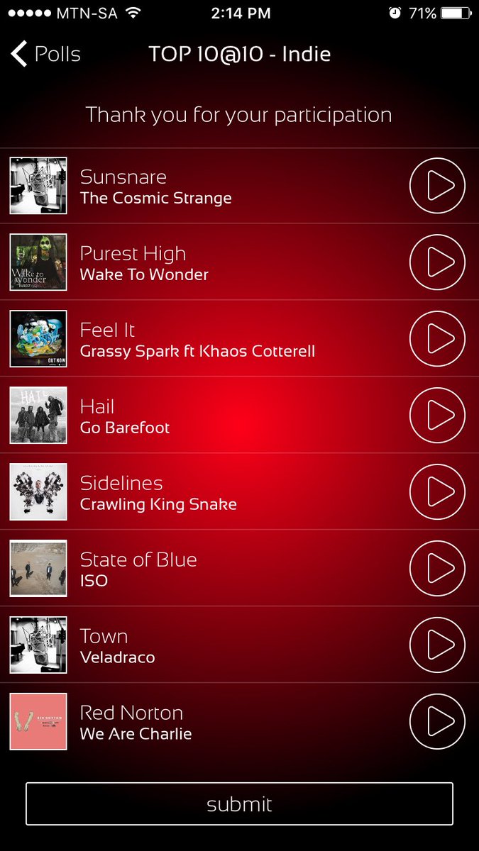 PlugMusicWarren's tweet photo. We have 4 artists on the @5FM  Indie Chart poll, @WaketoWonder @Veladraco @GoBarefootBand @cosmicstrange Download the app and go and vote. https://t.co/oejNqkhgcP