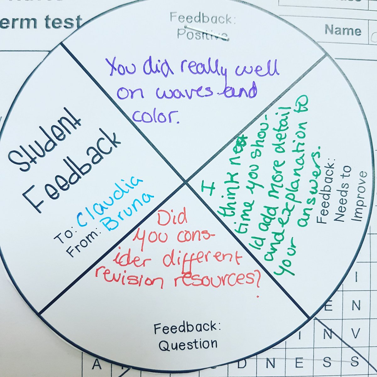 coffeychemistry's tweet photo. Used feedback sentence wheels and sentence frames to help students today for students peer assessing work @JESSScienceDept #JESSfeedback https://t.co/Y4uIKelIm2