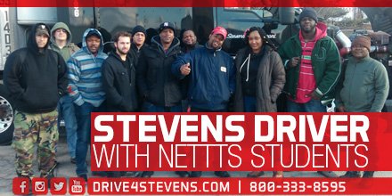 Drive4Stevens's tweet photo. Stevens driver, KJ, stops by New England Tractor Trailer Training School to brag about Stevens. #NETTTSTraining https://t.co/PcMFO0I3gj https://t.co/Qs4L0YZ4Dq