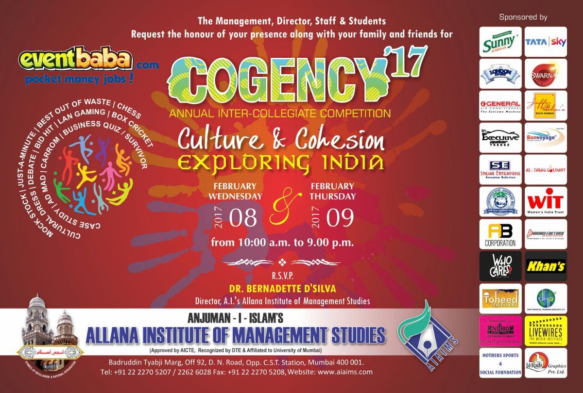 EventBaba's tweet photo. @EventBaba online Social media partner of A.I.'s Allana Institute of Management Studies #eventbaba #cogency17 #online #socialmedia #partners https://t.co/qYwv7i988P