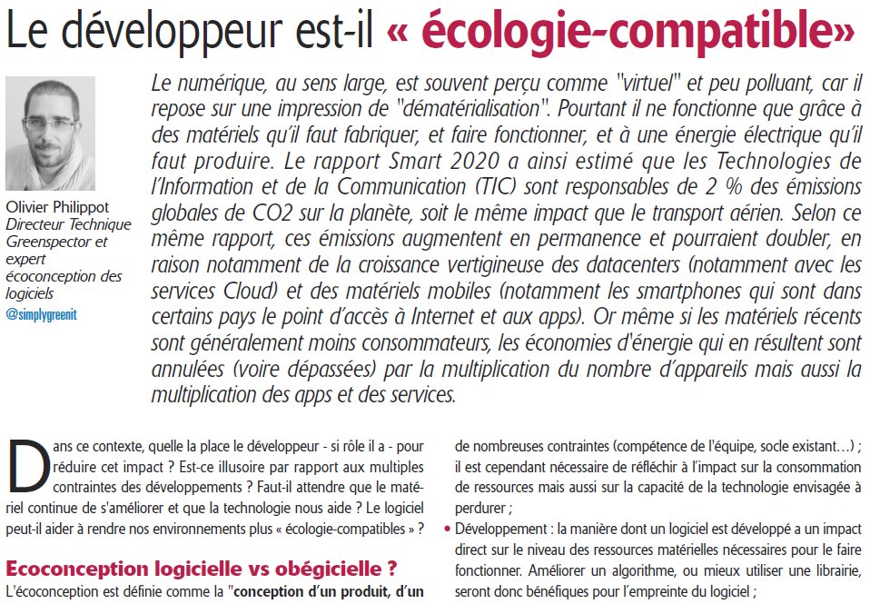 Green_spector's tweet image. #Programmez &quot;Le #développeur est-il écologie-compatible?&quot; @Green_spector à la une du magazine! 💻 #GreenIT #AndroidDev #JavaScript #Web #dev