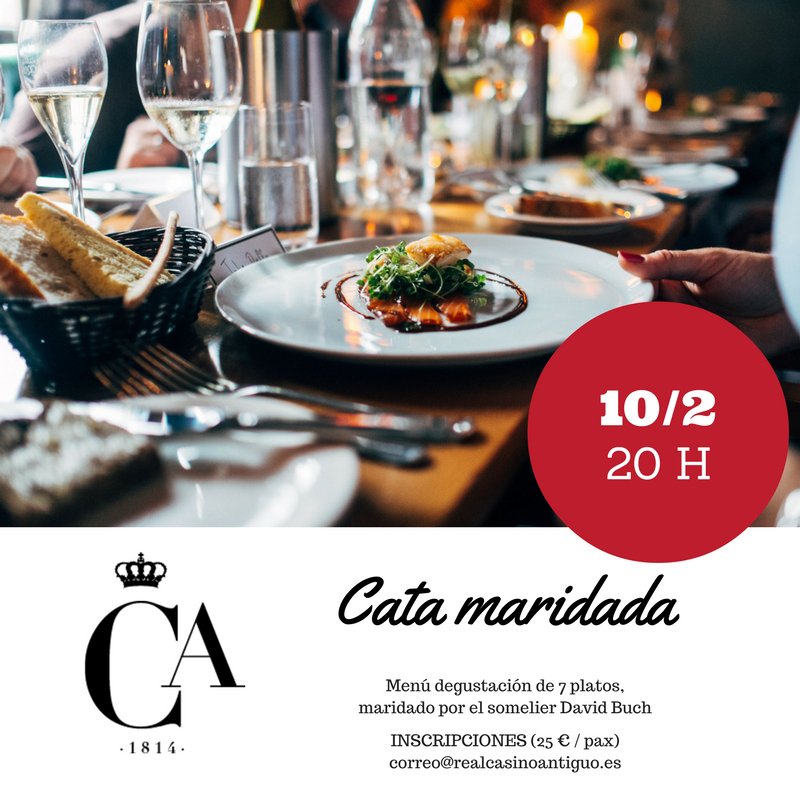 CasinoAntiguo's tweet image. El próximo viernes 10 de febrero 👉 Cata maridada. Menú degustación de 7 platos. 
📩 Inscripciones: correo@realcasinoantiguo.es
