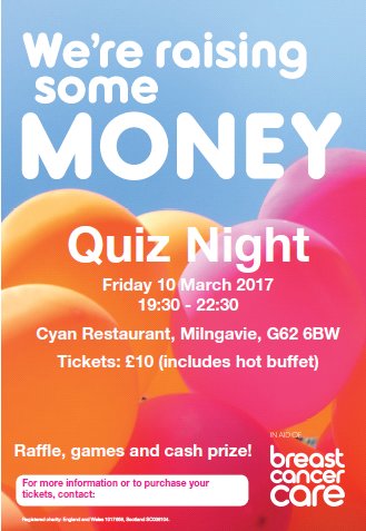 Breast Cancer Now Scotland (@bccarescot) on Twitter photo Our #Glasgow fundraising group are hosting a #QuizNight next month at <a href="/CyanBarRest/">Cyan Bar&Restaurant</a> in #Milngavie - get in touch to enter your team! Our #Glasgow fundraising group are hosting a #QuizNight next month at <a href="/CyanBarRest/">Cyan Bar&Restaurant</a> in #Milngavie - get in touch to enter your team!