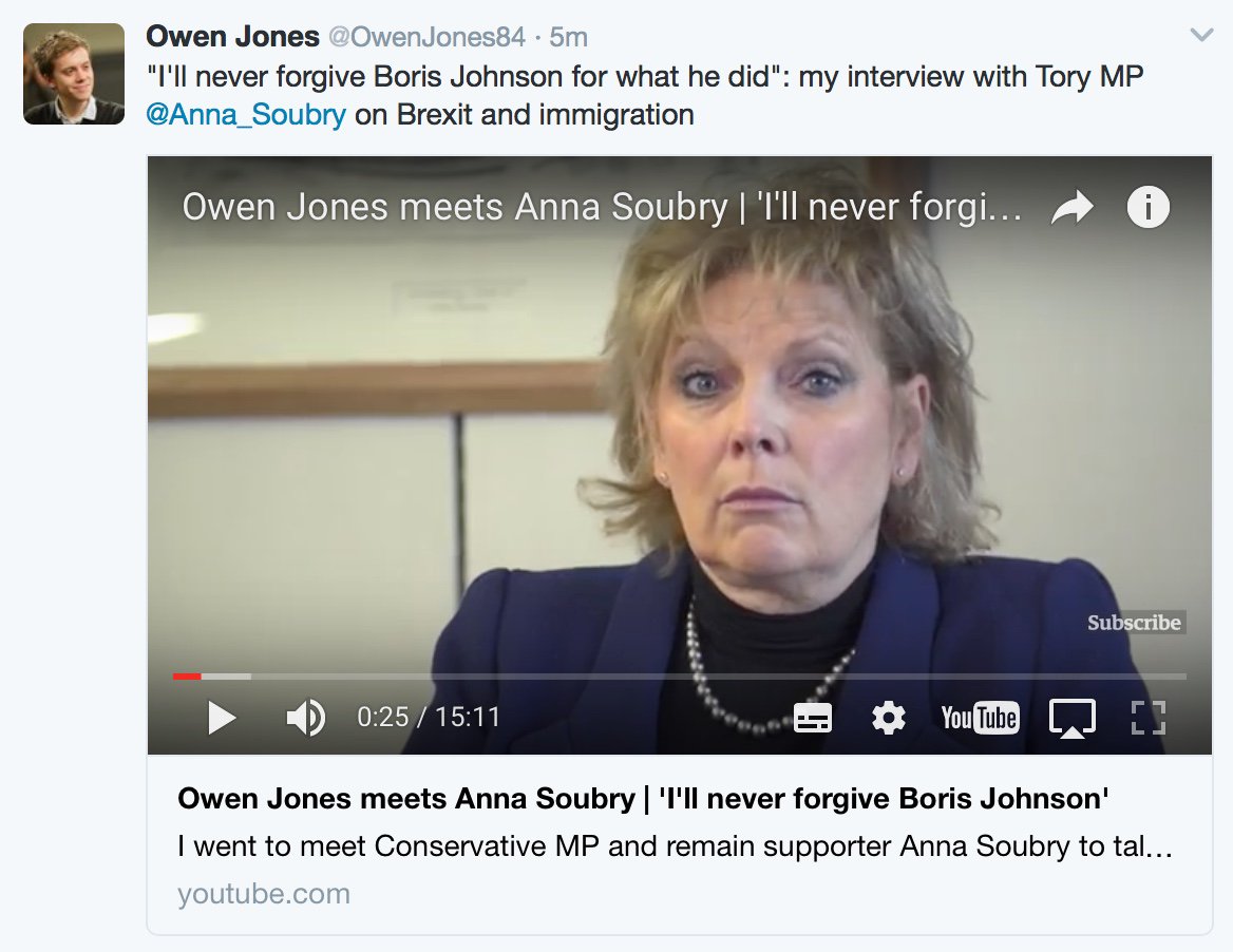 Owen Jones On Twitter I Ll Never Forgive Boris Johnson For What He Did My Interview With Tory Mp Anna Soubry On Brexit And Immigration Https T Co Xknc86r9xb