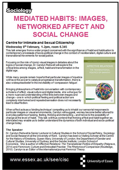 ciscUoE's tweet photo. The next CISC seminar of term will be taking place this Wednesday, presented by Dr Carolyn Pedwell (@DrCarolynP) on "Mediated Habits" #socRT https://t.co/Ry3XAyu4ty