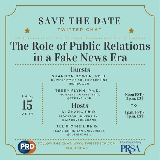Promo: Join <a href="/PRSAEducators/">PRSAEducators</a> &amp; <a href="/AEJMC_PRD/">AEJMC PRD</a> for #FakeNews Twitter Chat Feb. 15 3 p.m. EST!