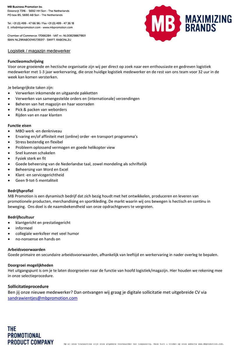 we zijn op zoek naar logistiek medewerker  #vacature