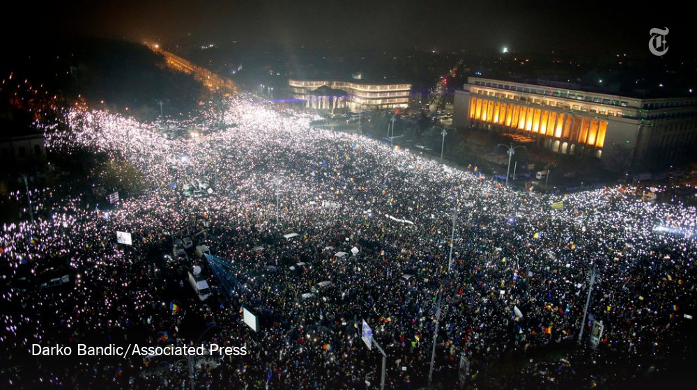 nytimes's tweet photo. "We can't trust this new government." Romanian anti-corruption protesters were out in record numbers on Sunday. https://t.co/LYl0j8YVXR https://t.co/eq9YYNfnLY