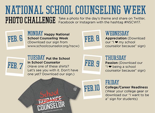It's officially National School Counseling Week. Post your photo challenge pics and use #NSCW17. We'll RT ya. bit.ly/2017_NSCW