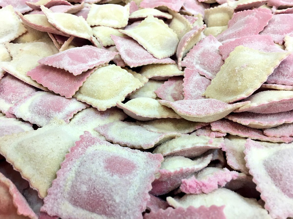 Today's beautiful beetroot ravioli filled with beetroot &amp; three cheeses.Great flavour, perfect with fresh rocket, Gorgonzola &amp; burnt butter