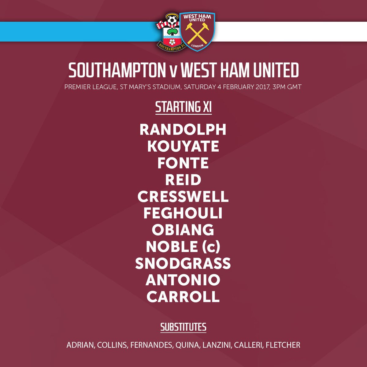 WestHam's tweet photo. TEAM NEWS!

2️⃣️ changes from Slaven.

A full debut for @robsnodgrass7 and @PapiCheikhou returns at St Mary's...

#COYI #SOTWHU https://t.co/D1O7OFKKVC