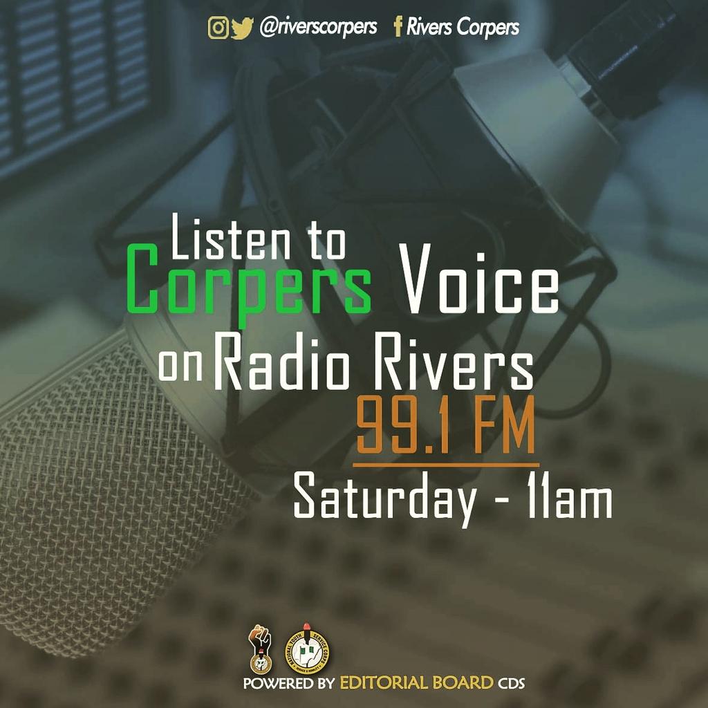 RiversCorpers's tweet photo. Don't forget to tune in to 99.1fm radio rivers by 11am for Corpers Voice. #riverscorpers #radiorivers https://t.co/8VdkhO6Vpc