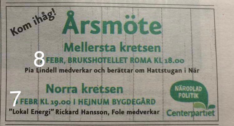 Eva_Ahlin's tweet photo. Det råkade bli fel i dagens annons om kretsårsmöten. Rätt datum är Norra kretsen tisd 7/2 och Mellersta kretsen onsd 8/2 https://t.co/HSaTVlnn9e