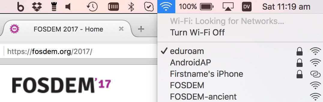 BrookSchofield's tweet photo. You have to use the "ancient" SSID for IPv4 @fosdem #IPv6 for the win https://t.co/NoZIdRojD5