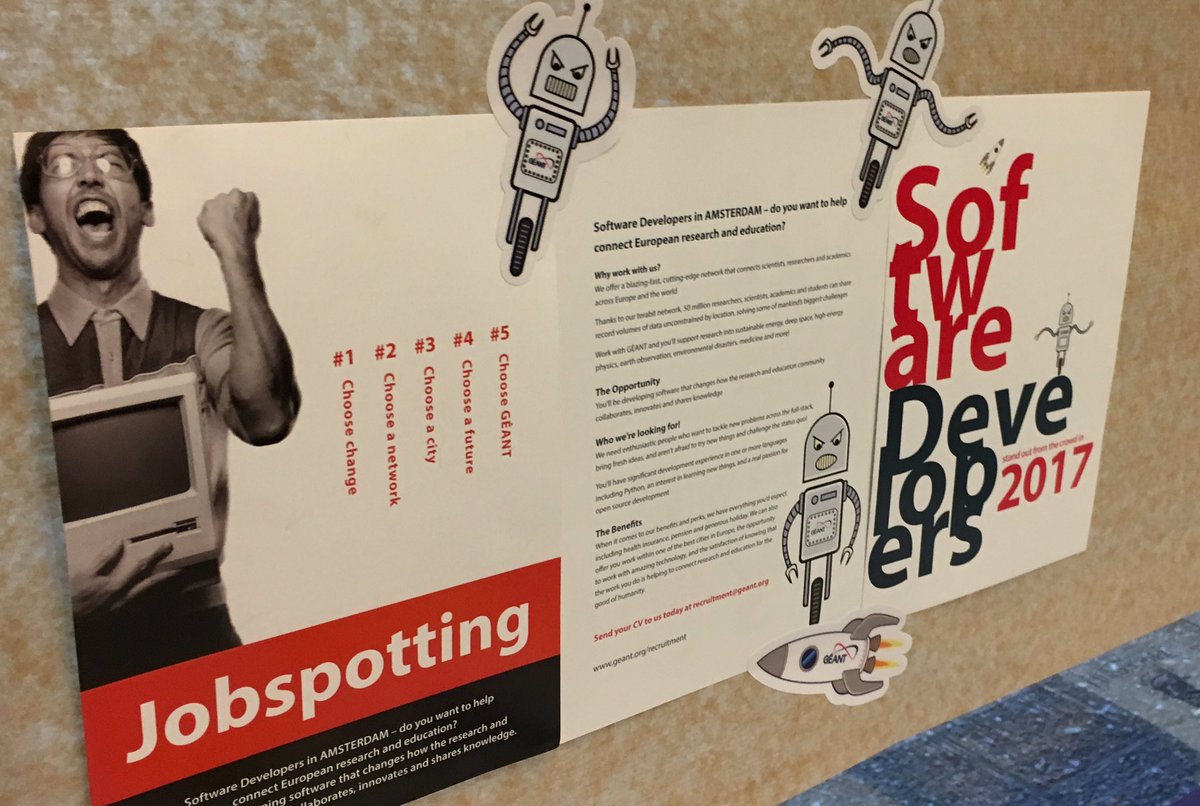 BrookSchofield's tweet photo. At #FOSDEM @GEANTnews is hiring to support open source projects for Research &amp; Education networking https://t.co/ylYmIZddoT https://t.co/gcY6Ry9VdU