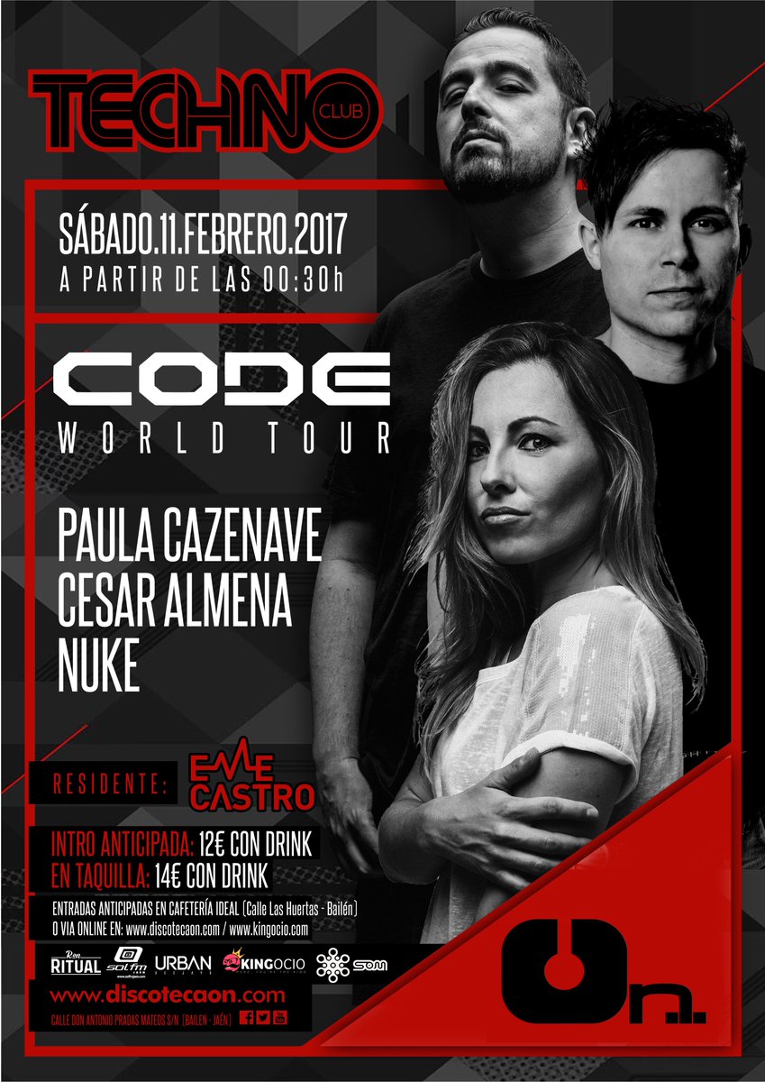 DiscotecaOn's tweet photo. El sábado 11 de febrero aterriza CODE World Tour. En cabina sus creadores @nuke_dj y @CesarAlmena y como invitada: @paulacazenave https://t.co/rmhehfyYWU