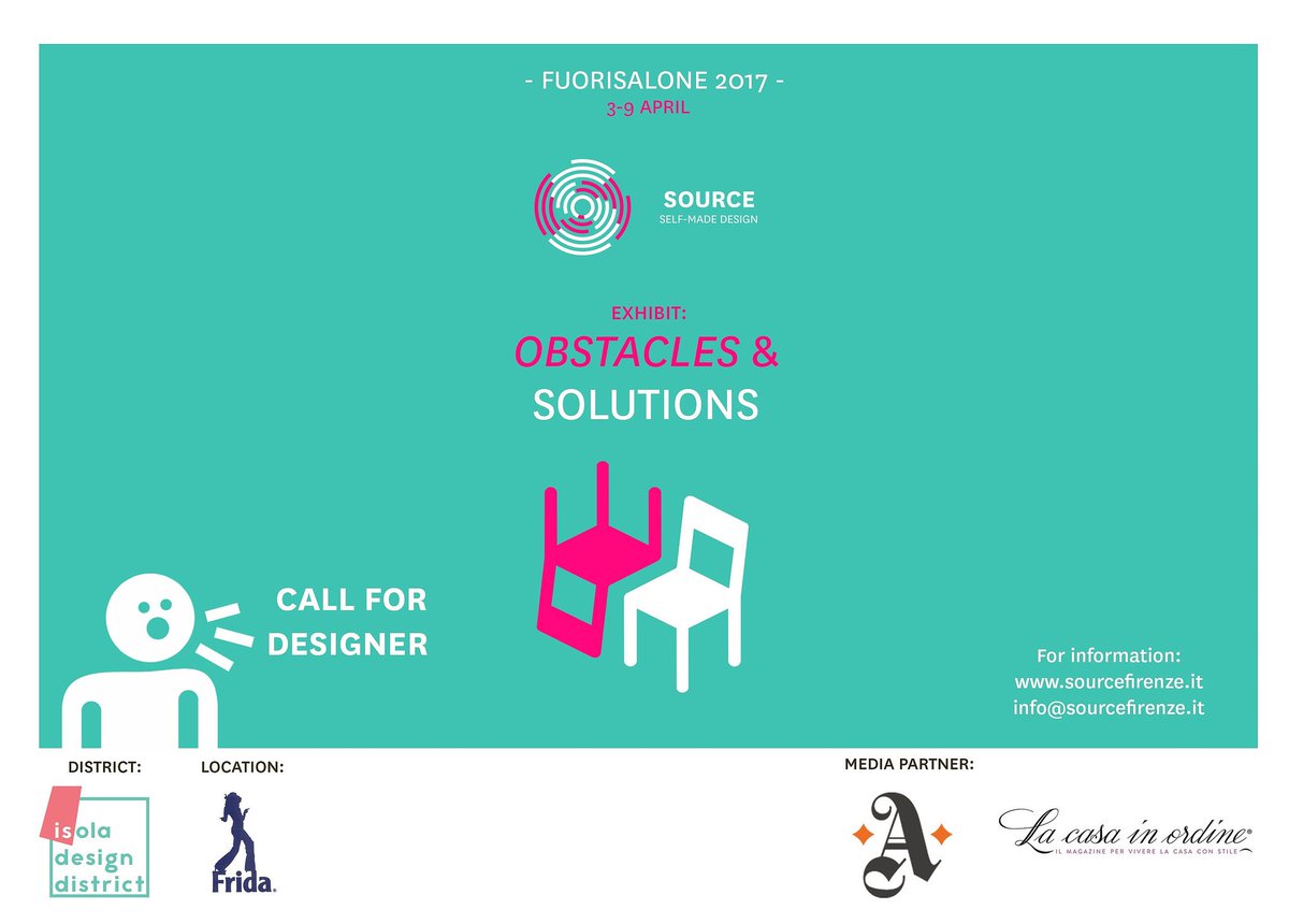 sourcesdna's tweet photo. #Call for #Designers #Fuorisalone2017 #sourcefirenze #Exhibit #Obstacles & #Solutions #design #4febbraio info: sourcefirenze@gmail.com #MDW https://t.co/v22sfj9AuG