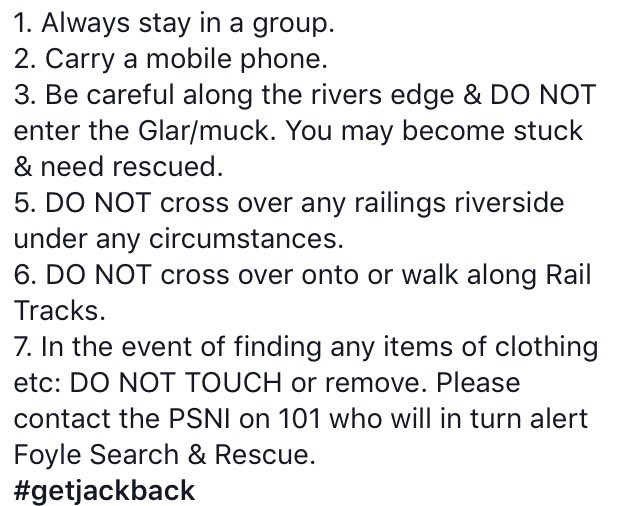 Advice from <a href="/Foylerescue/">Foyle Search& Rescue</a> for anyone joining the search for Jack, groups will continue to leave from the Peace Bridge every hour #getjackback
