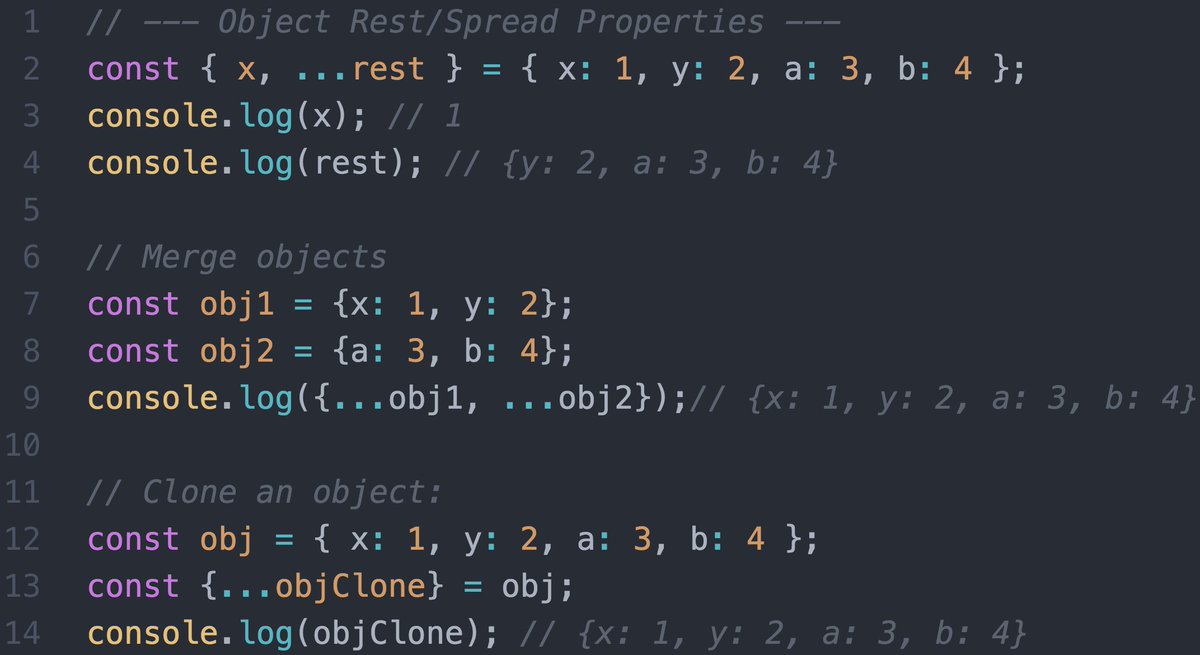 shospodarets's tweet image. Object Rest/Spread Properties added in Chrome.
Clone and merge objects easily, and get the rest of object properties (e.g. without selected)