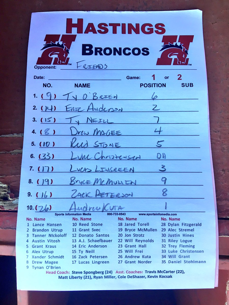HCBroncoBSB's tweet photo. Game 1 line up! #ownthespring ⚾️ https://t.co/zZlzfUpD0F