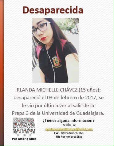 VerdeSelvah's tweet photo. Irlanda Michelle Chávez (15 años) desapareció el 3 de febrero de 2017. Se le vio por última vez al salir de la Prepa 3 de @udg_oficial 

RT https://t.co/X59Rm7OL7D