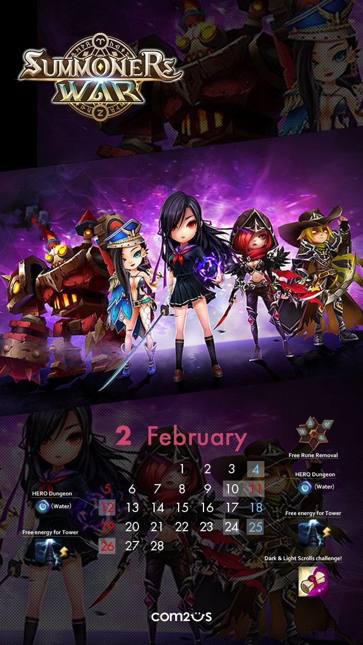 タラオフグタ ゲーム垢 2月のサマナーズウォー壁紙カレンダーをつくりました よかったらお使いください Q サマナーズウォー T Co Dblwgyvn00 Twitter