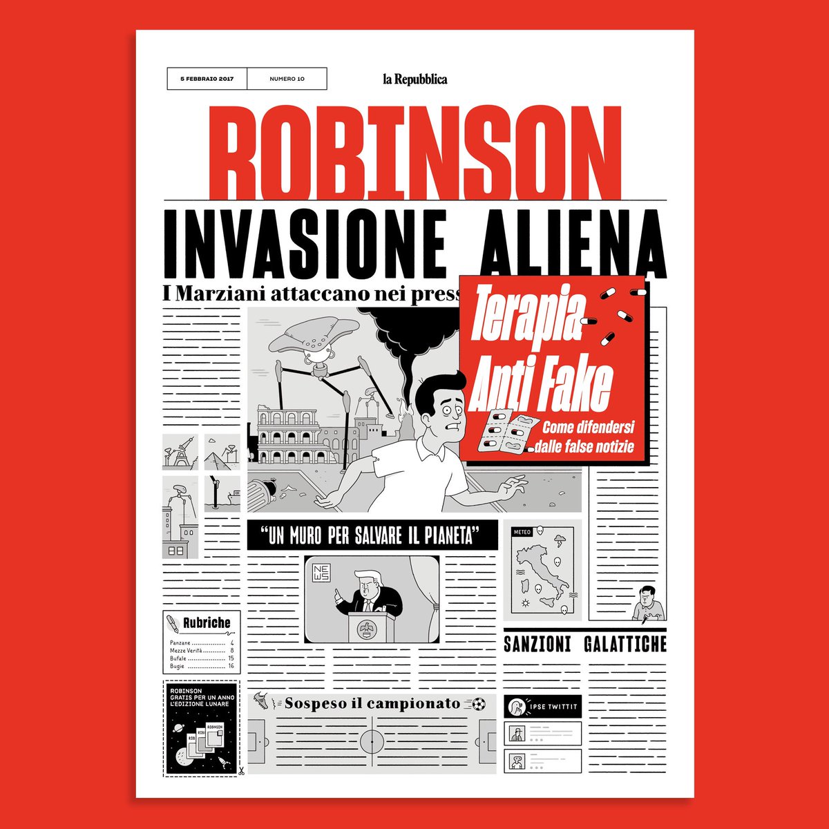 ffranchi's tweet photo. DOMANI con @repubblicait, @Robinson_Rep: Terapia Anti Fake, Come difendersi dalle false notizie (artwork by @gambineri) https://t.co/fcT6JSzO7N