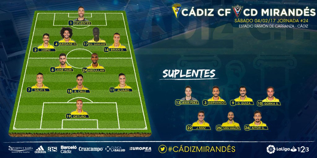 Cadiz_CF's tweet photo. #CádizMirandés

XI @Cadiz_CF Cifuentes, Carpio, Aridane, José Mari, Salvi, Álvaro, Brian, Sankaré, Rubén Cruz, Ortuño, Abdullah. https://t.co/bUs1FC8rQg