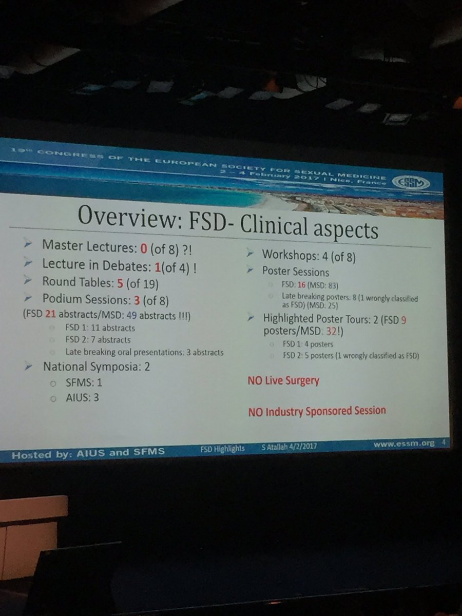 NatRevUrol's tweet photo. Round of applause for @DrSAtallah in the highlights session as she points out the lack of FSD coverage at the meeting #ESSM2017 #fsd https://t.co/BfQnW8g9tg