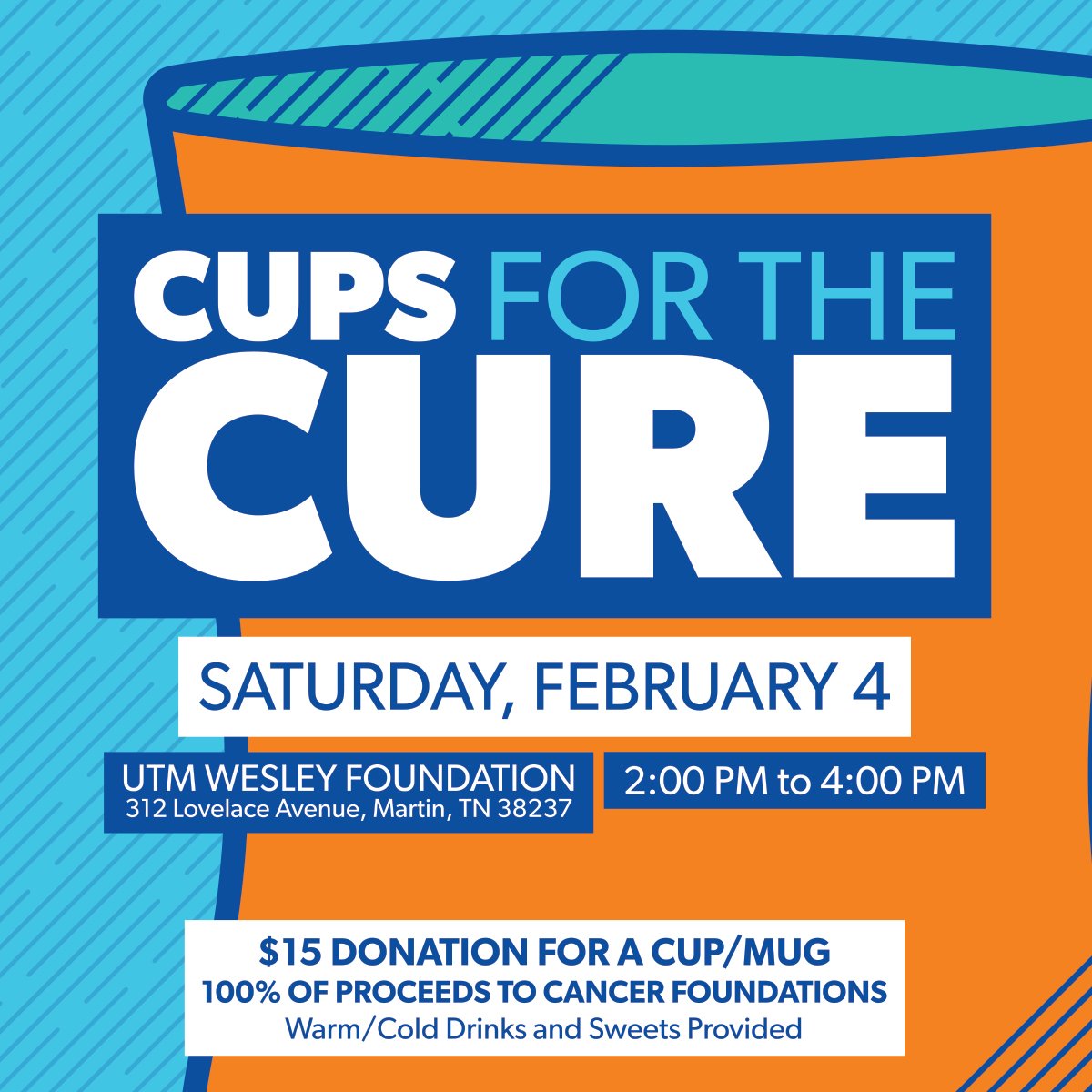 Come out to Cups for the Cure TODAY!
$15 Donation = Handmade Ceramic Mug or Cup
2PM - 4PM at UTM Wesley Foundation
Drinks and Sweets #utm