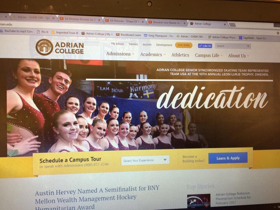AdrianVSST's tweet photo. Thank you @AdrianCollege for featuring us on the homepage of your website! #varsitystatus #TeamUSA #synchronizedskating https://t.co/18WxNAWxwa