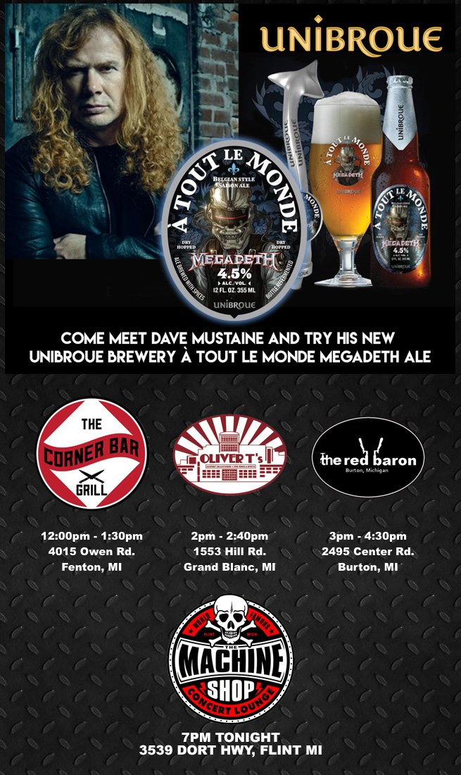 RaveAssociates's tweet photo. TODAY #Megadeth frontman, @DaveMustaine, is in #Michigan sampling  Unibroue #aToutLeMonde  Megadeth Ale. Come out and meet us for a pint! https://t.co/JuvXtulIiO