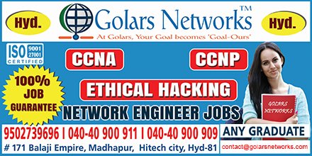 GolarsNetworks's tweet image. #GolarsNetworks is best #CCNA, #CCNPTraining #Institute in #Hyderabad. 100% Job assistance on #NetworkSecurityJobs.
goo.gl/S5Ig34